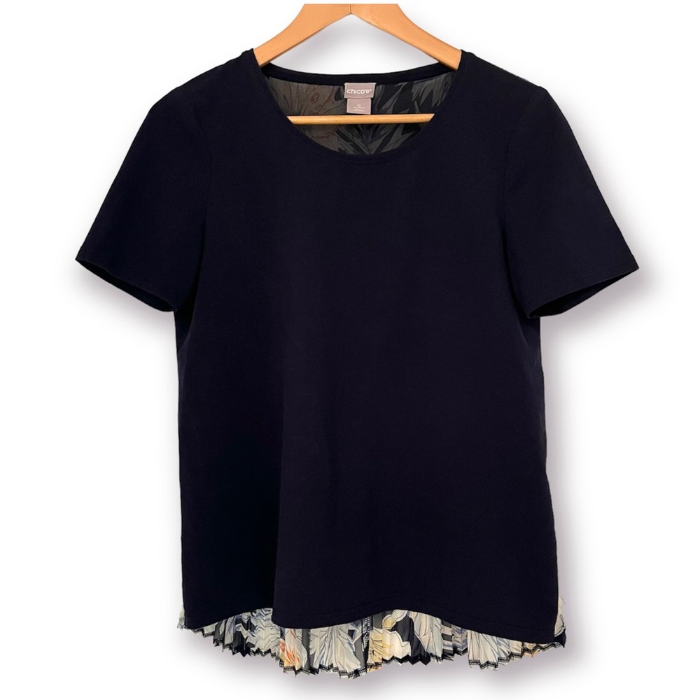 Chicos Floral Pleated Back Top Blouse Navy Blue White Size 0 (US Size Small)